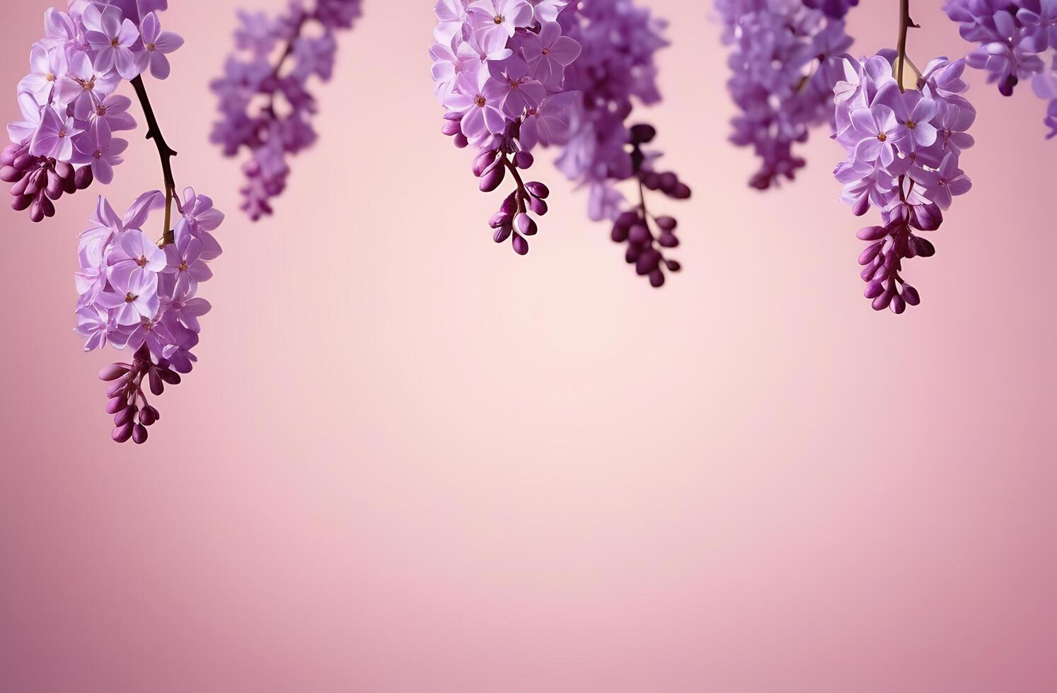 AI generated A frame, a postcard with an empty space for the greeting text. Pale pink background with purple lilac flowers photo