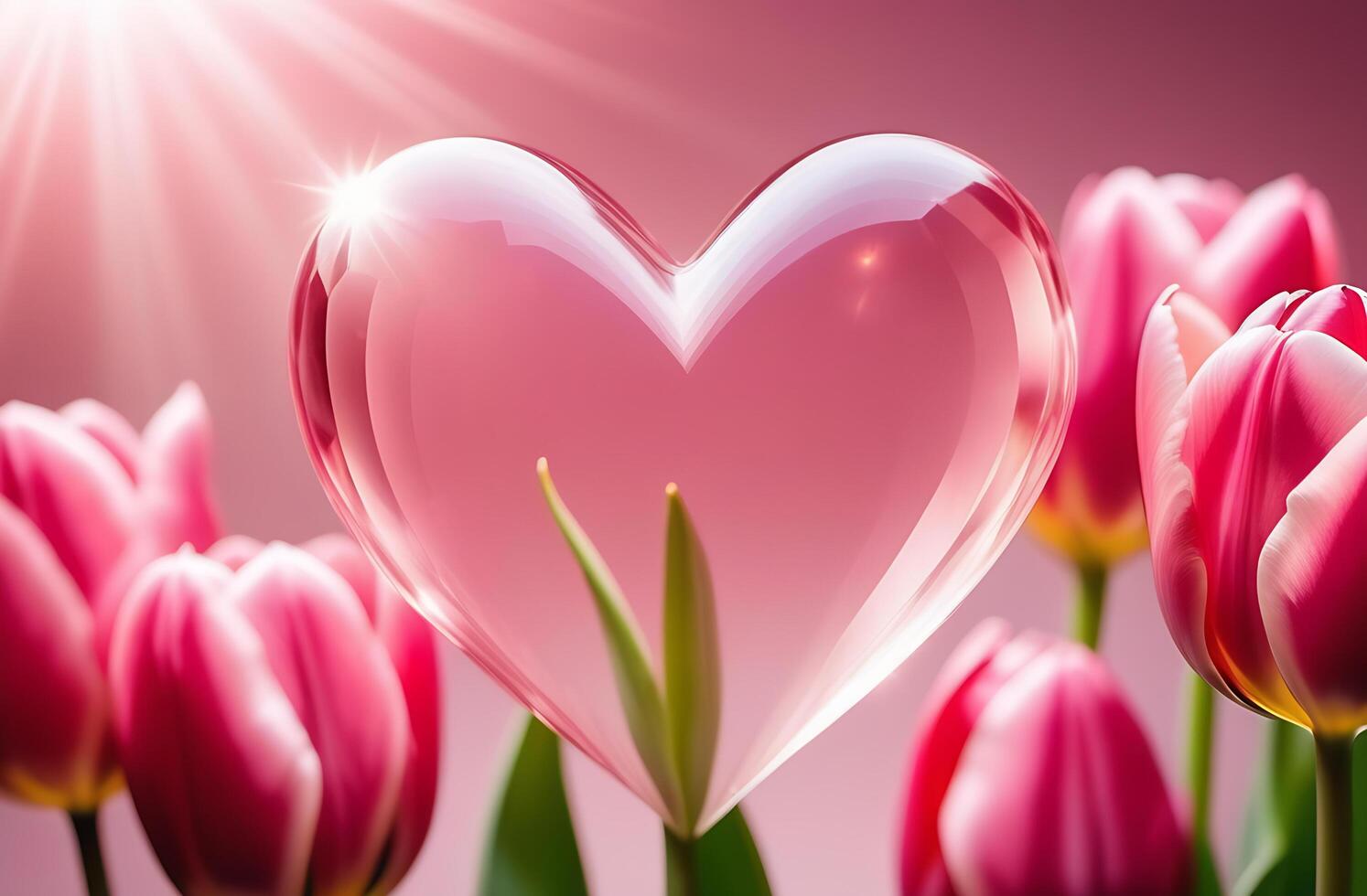 AI generated A postcard with a large pink transparent crystal, glass heart and tulips. There are rays of light coming from it. Love, Valentine's day, wedding. photo