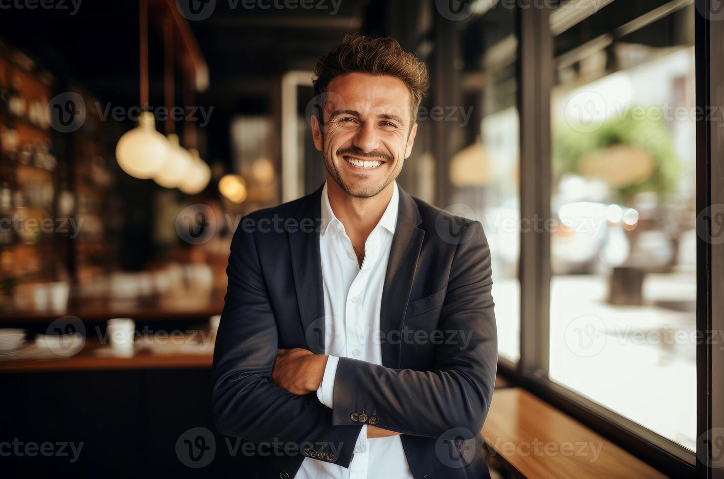 AI generated Visionary Male entrepreneur smiles. Generate Ai photo