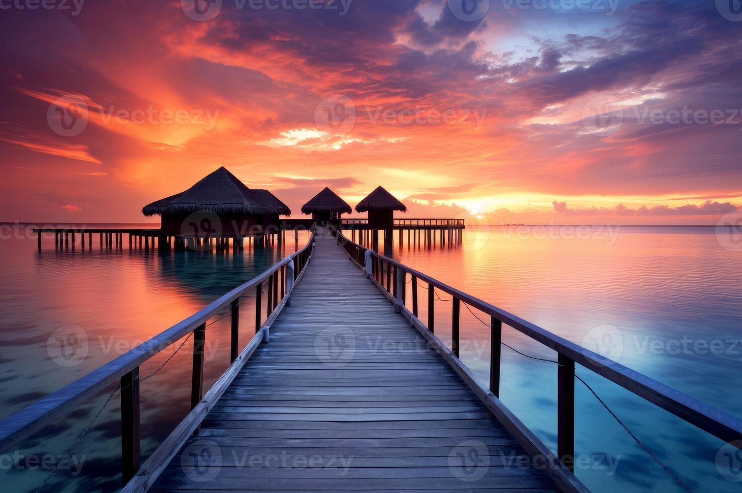 AI generated Serene Maldives ocean beach sunset. Generate Ai photo