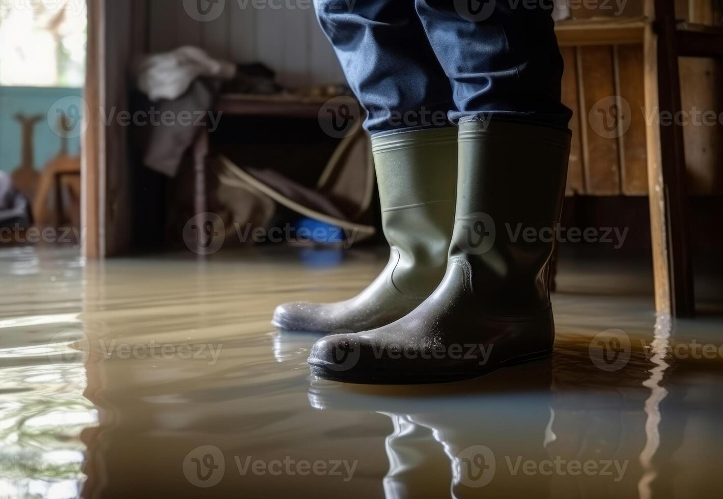 ai generado práctico botas caucho en inundado casa. generar ai foto