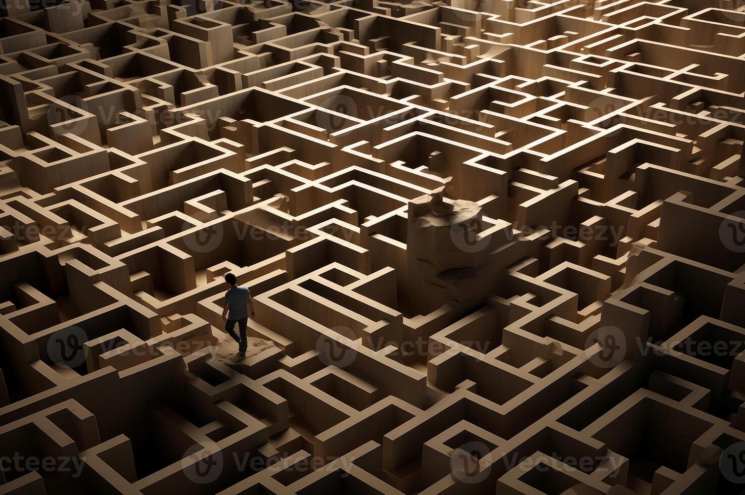 AI generated Analytical Man stuck in the middle of maze. Generate ai photo