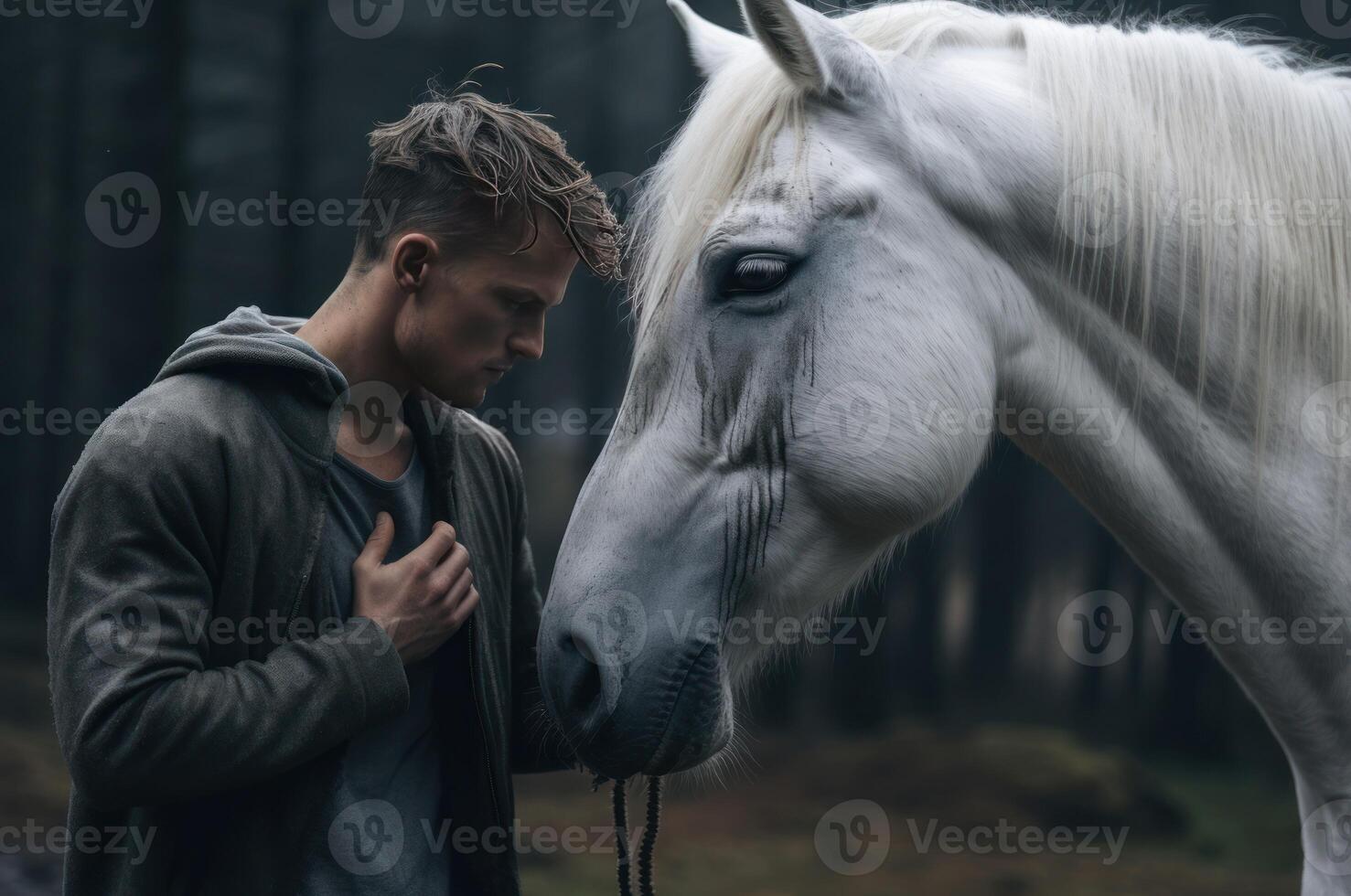 ai generado paternal hombre conmovedor caballo. generar ai foto