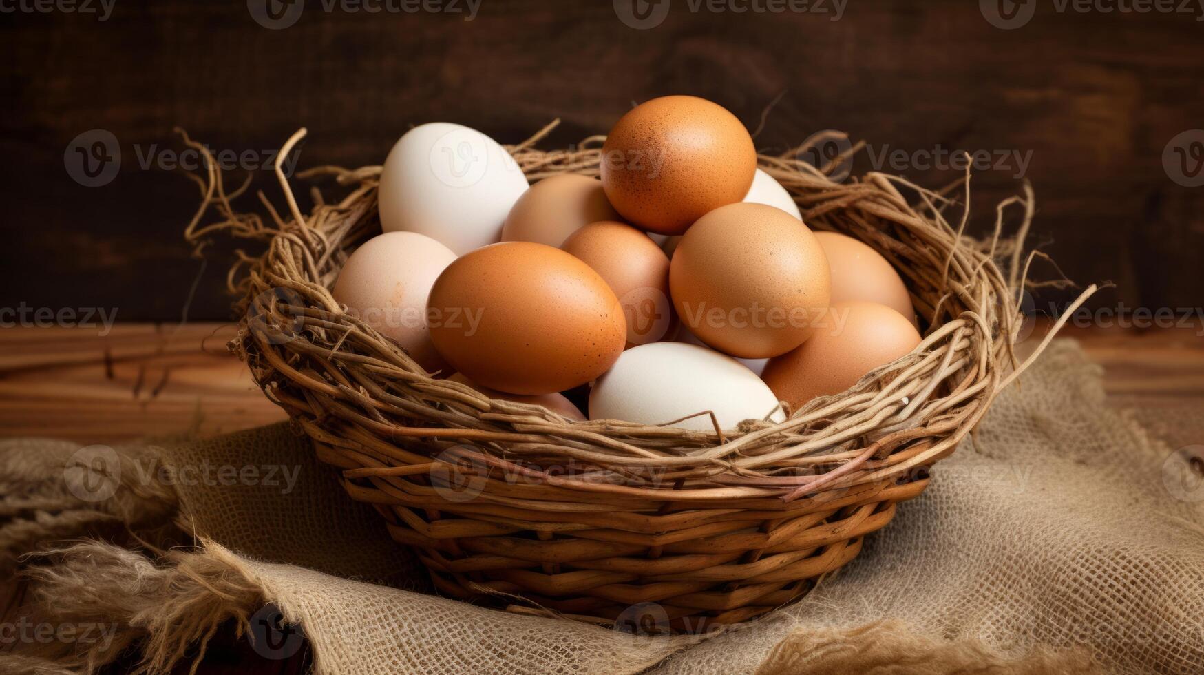 AI generated Many fresh organic eggs in a large basket. Neural network AI generated photo