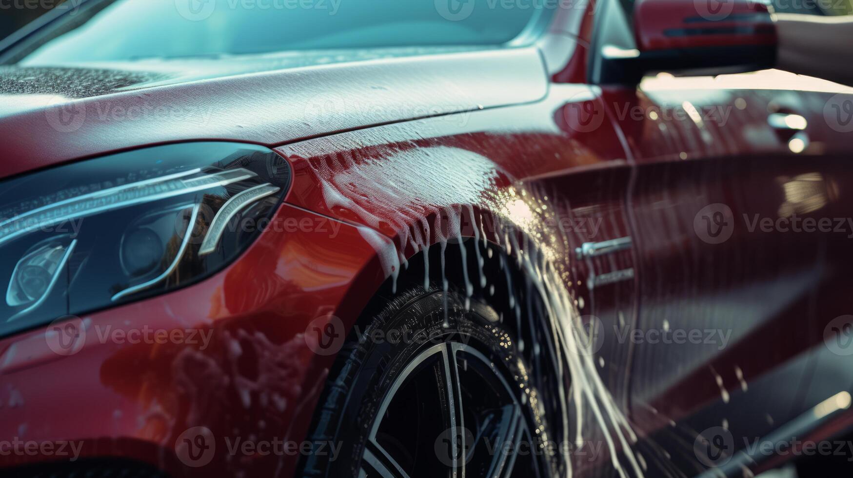 AI generated Manual car wash with pressurized water in car wash outside. Neural network AI generated photo