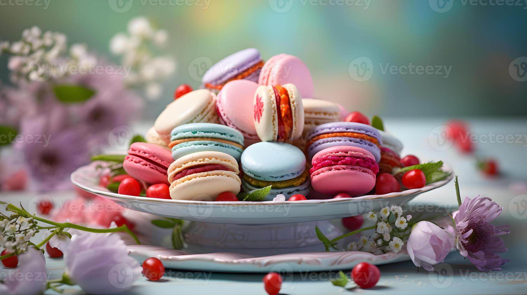 AI generated Plate with tasty macarons on table served for party. Neural network AI generated photo