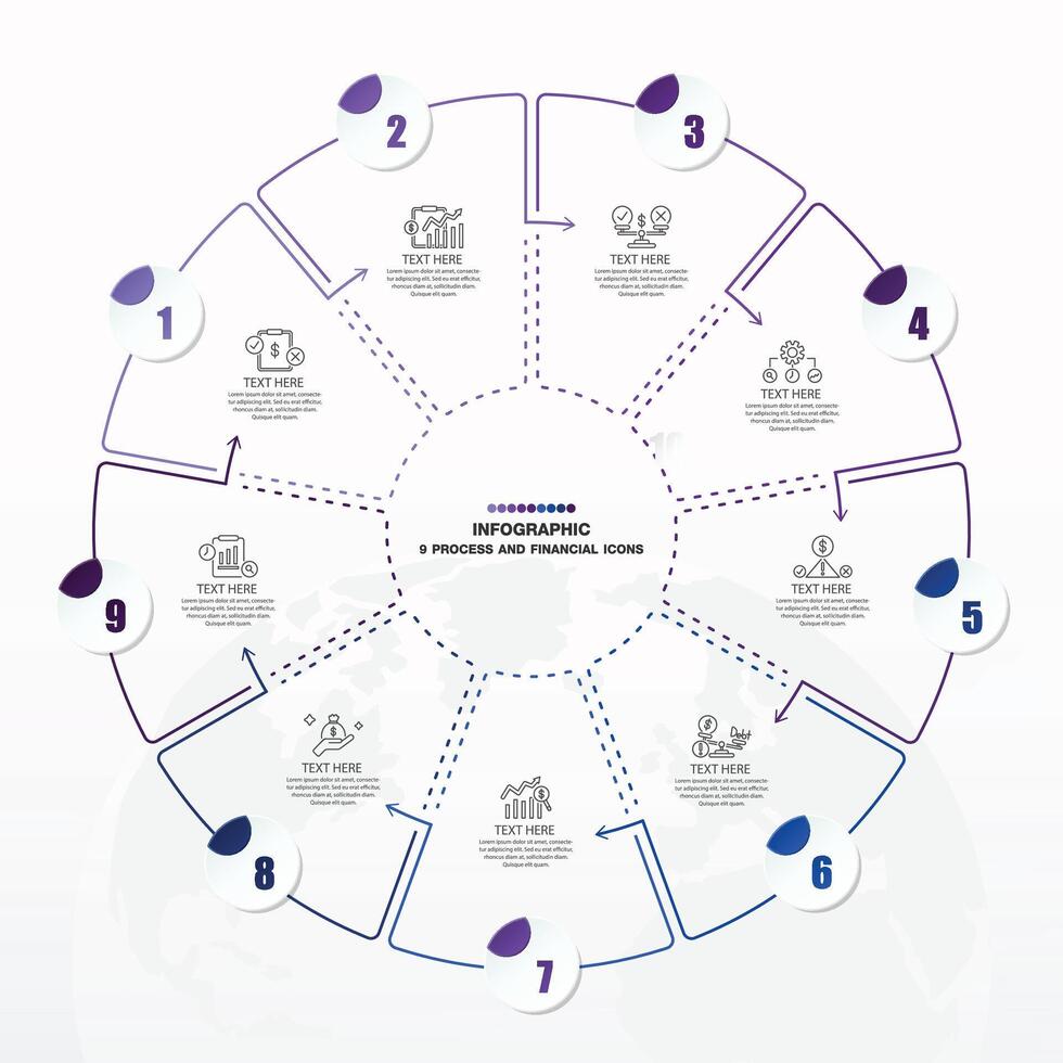 Blue tone circle infographic with 9 steps, process or options. vector