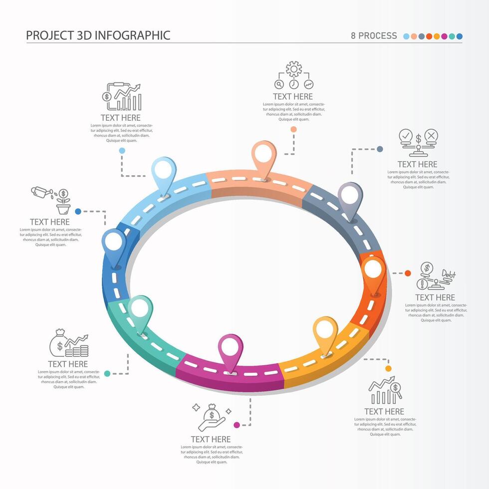 3D Road way infographic circle of 8 steps and business icons for finance process steps. vector