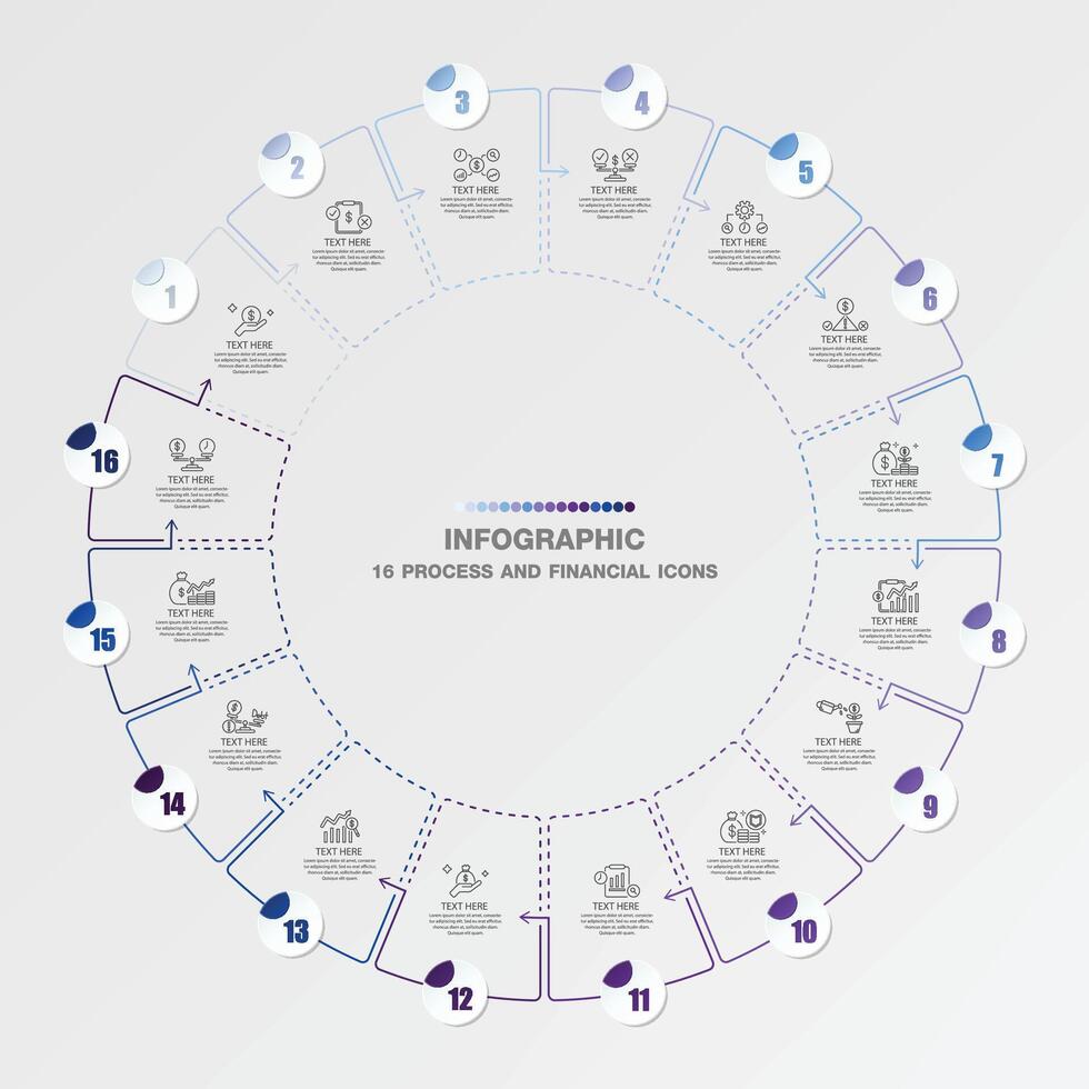 azul tono circulo infografía con dieciséis pasos, proceso o opciones vector