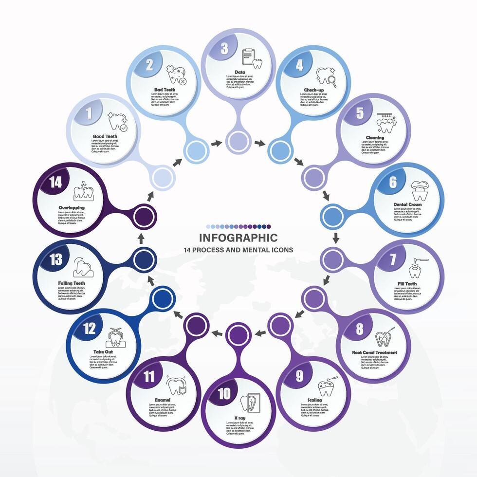 Blue tone circle infographic with 14 steps, process or options. vector