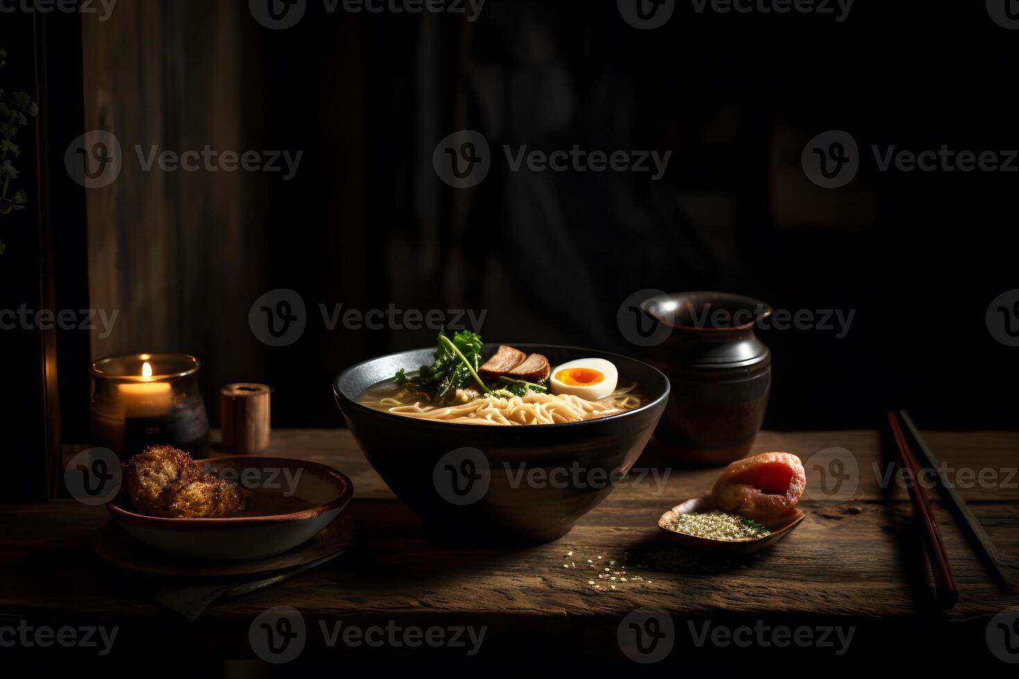 AI generated Japanese ramen soup with chicken, egg, chives and sprout on dark wooden. Neural network AI generated photo