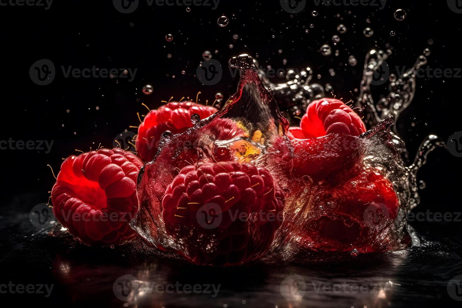 AI generated Raspberries and water splash on dark background. Neural network AI generated photo