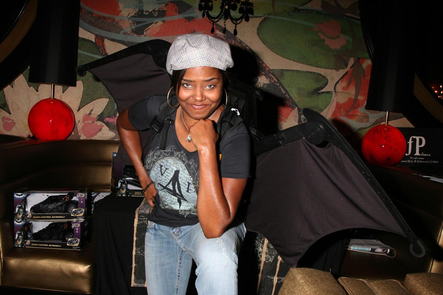 Shar Jackson wearing a pair of play Batman wings from Mattel promoting the Dark Knight movie GBK MTV Movie Awards Gifting Suites  Crimson  Opera Los Angeles,  CA May 31, 2008 photo