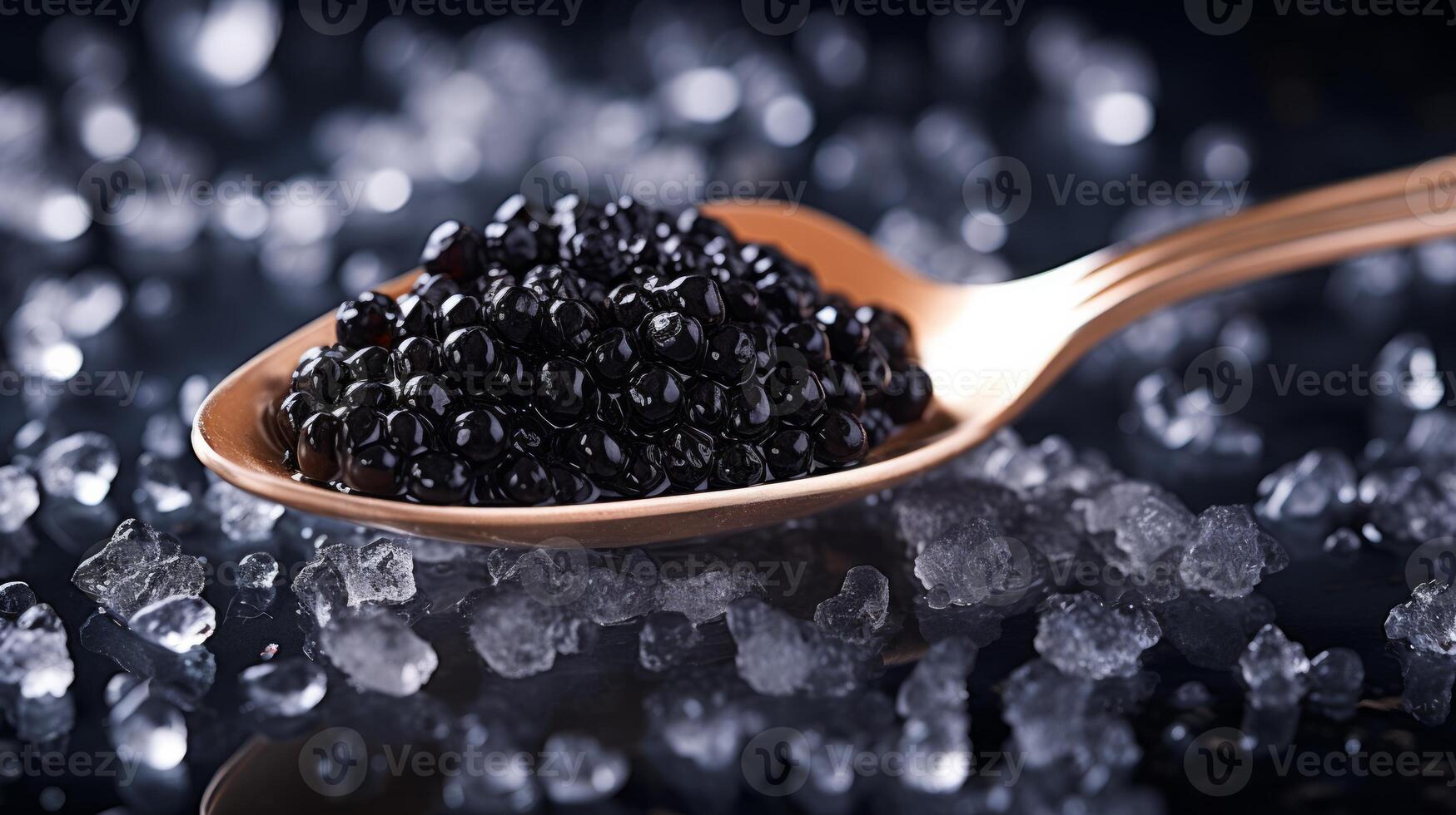 AI generated Black fish caviar served in the caviar spoon on ice on a black background. Neural network AI generated photo