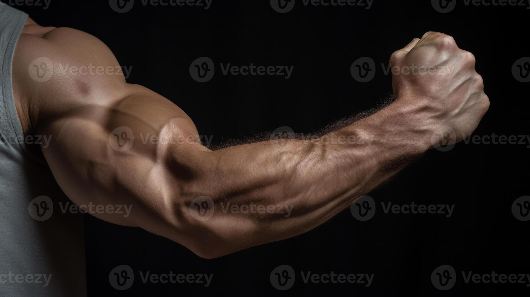 AI generated tense arm clenched into fist, veins, bodybuilder muscles on a dark background. Neural network AI generated photo