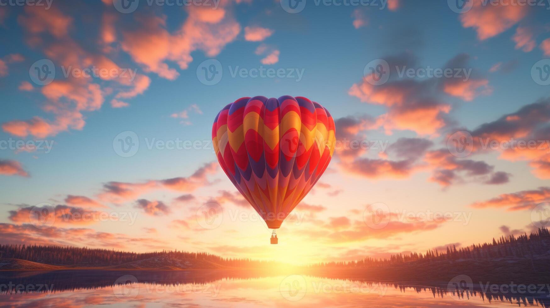 AI generated Hot air balloon over the sea at sunset. Neural network AI generated photo