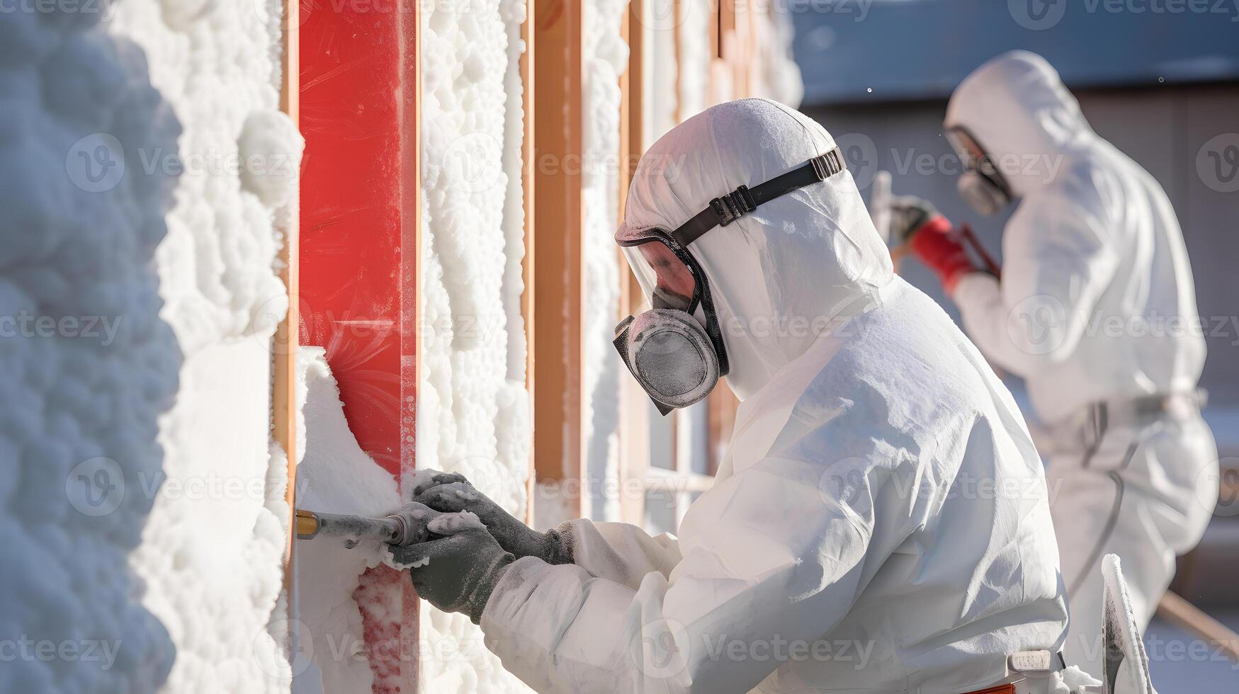 AI generated Man worker spraying polyurethane foam inside of future cottage. Neural network AI generated photo
