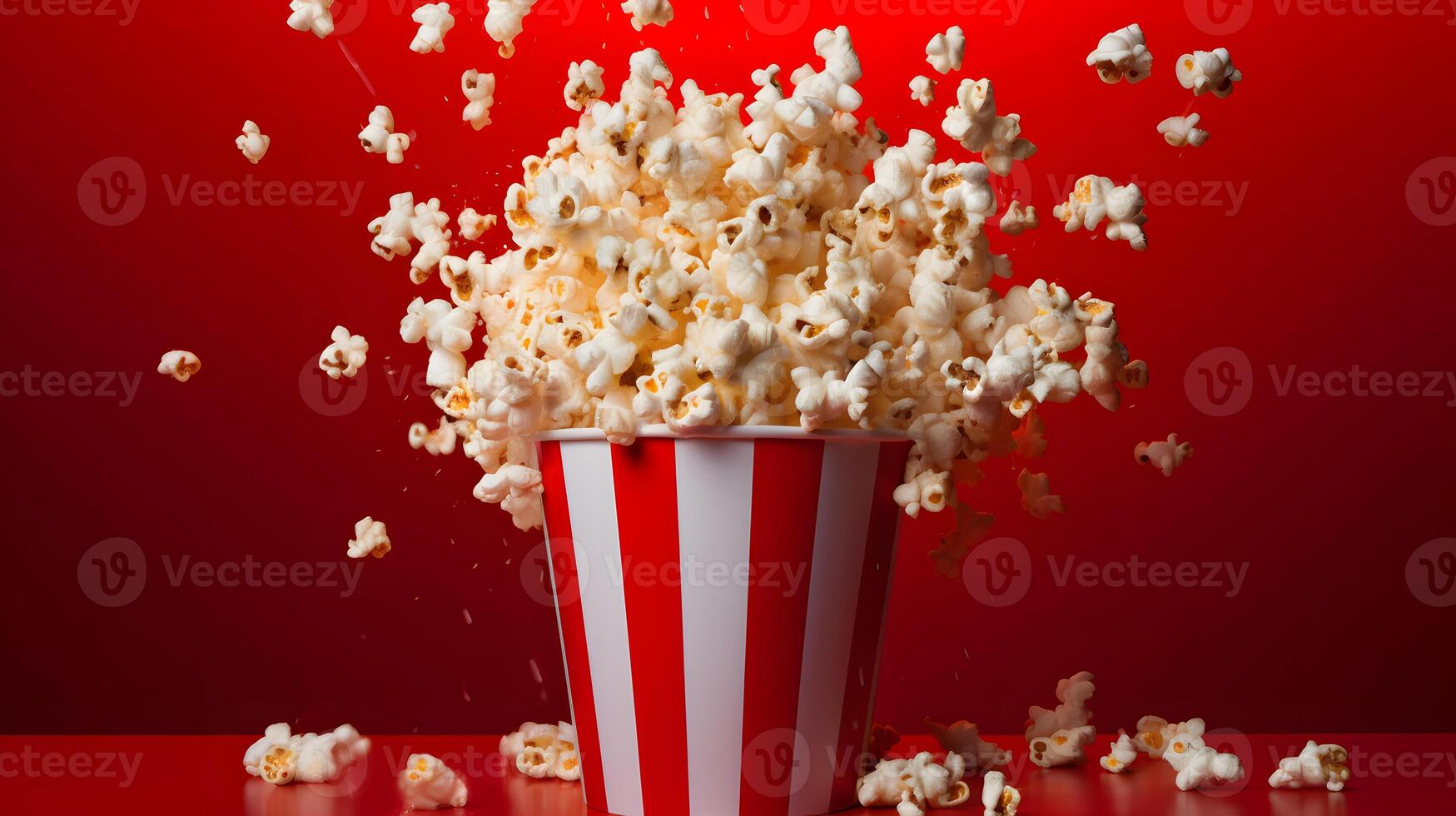 AI generated Striped box with popcorn on red background. Neural network AI generated photo