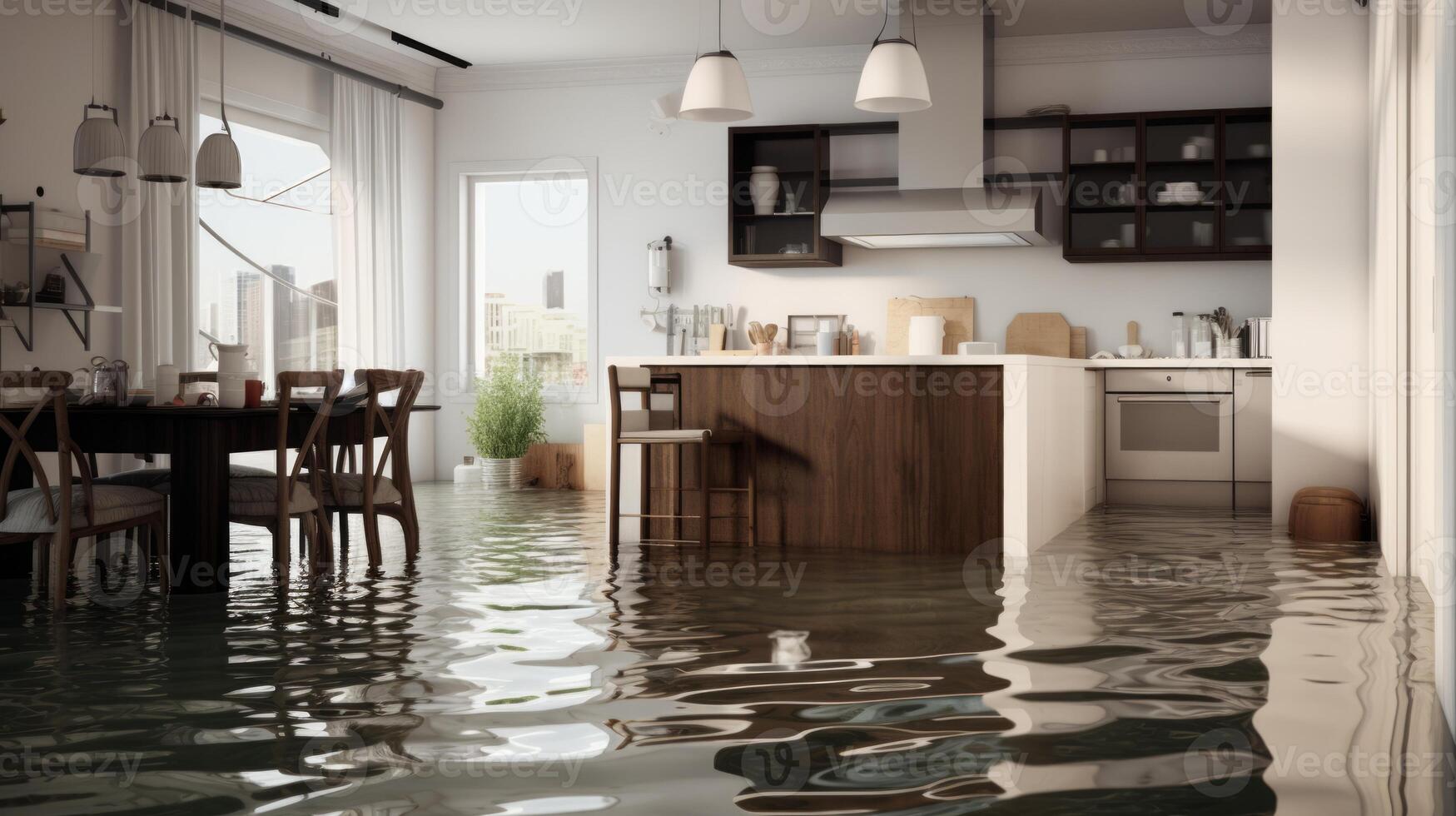 AI generated flooded kitchen floor due to water leakage. Neural network AI generated photo