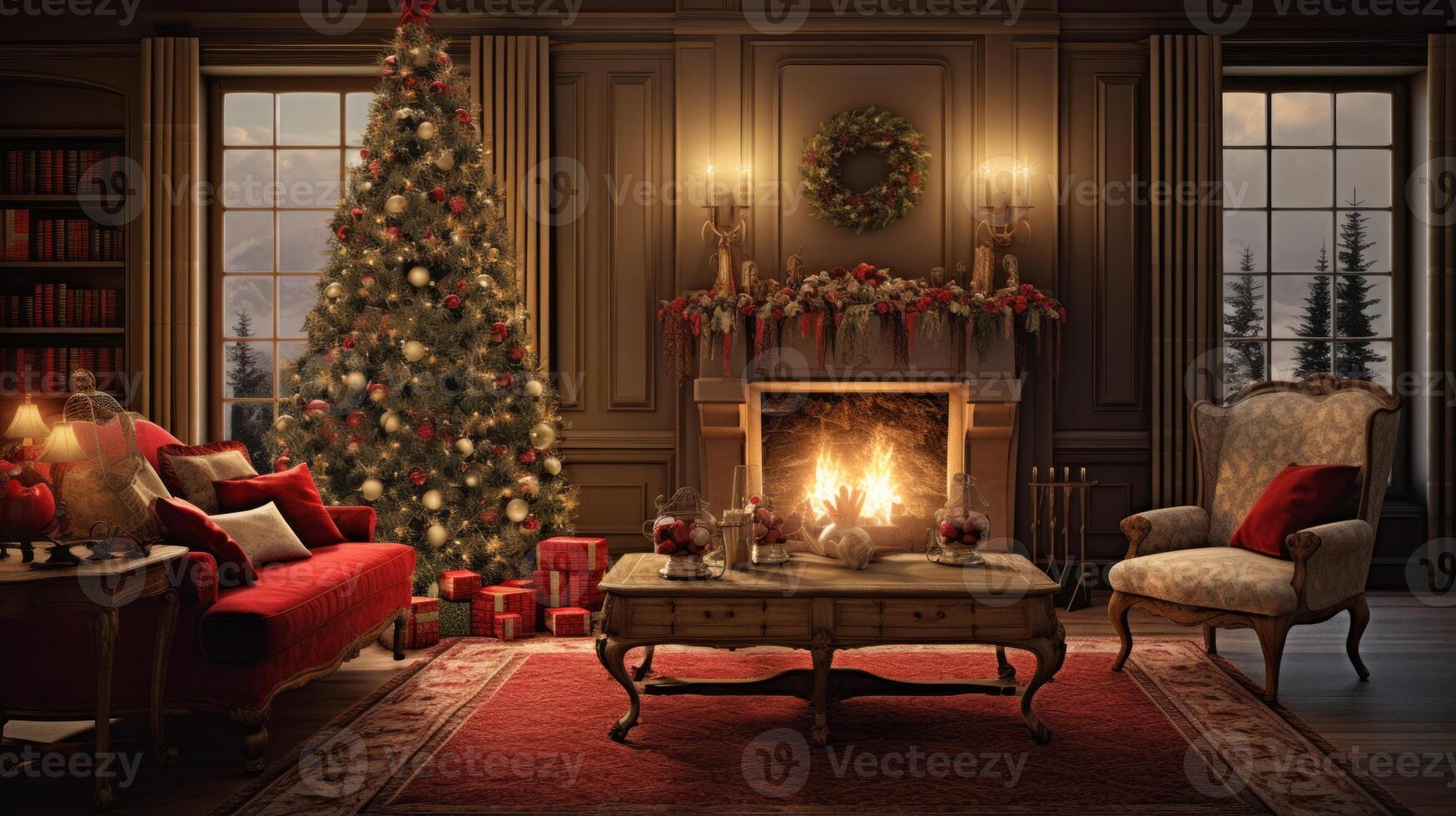 AI generated Stylish cozy home interior decorated for Christmas. Neural network AI generated photo