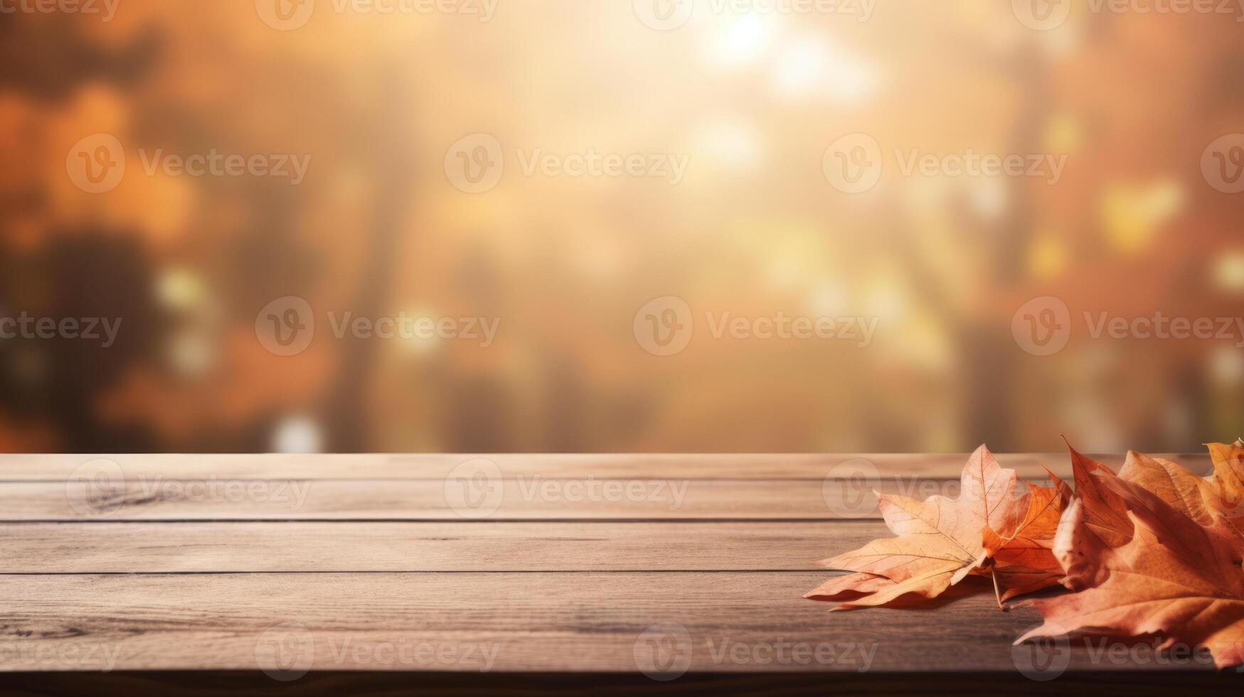 AI generated Autumn background with falling leaves and empty wooden table, ideal for product placement. Neural network AI generated photo