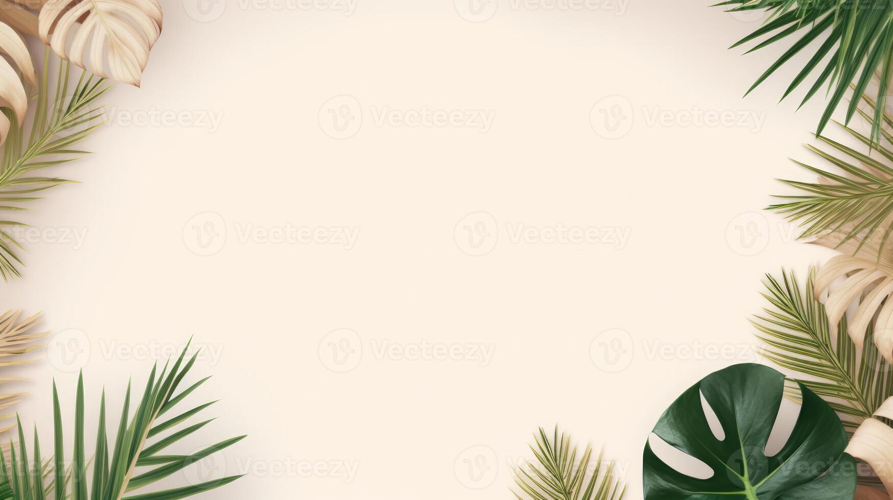 AI generated Beige pastel background with monstera leaves. Neural network AI generated photo