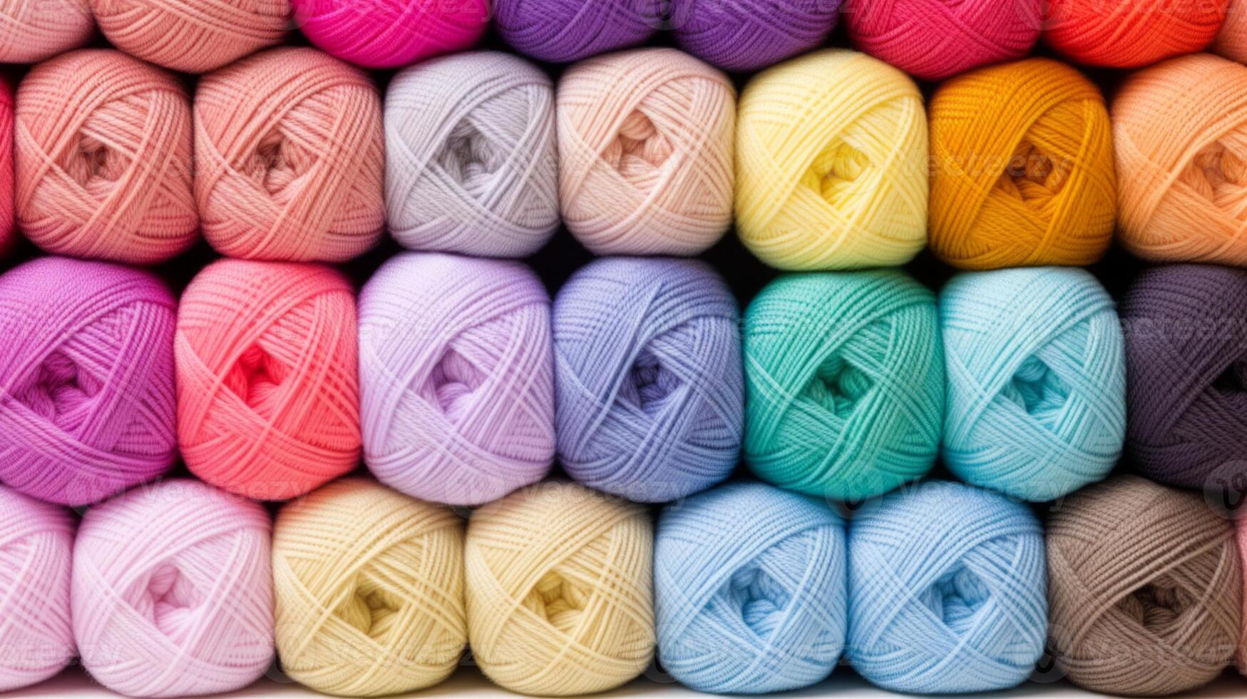 AI generated Many multi-colored balls of threads on a knitted fabric, close-up. Neural network AI generated photo