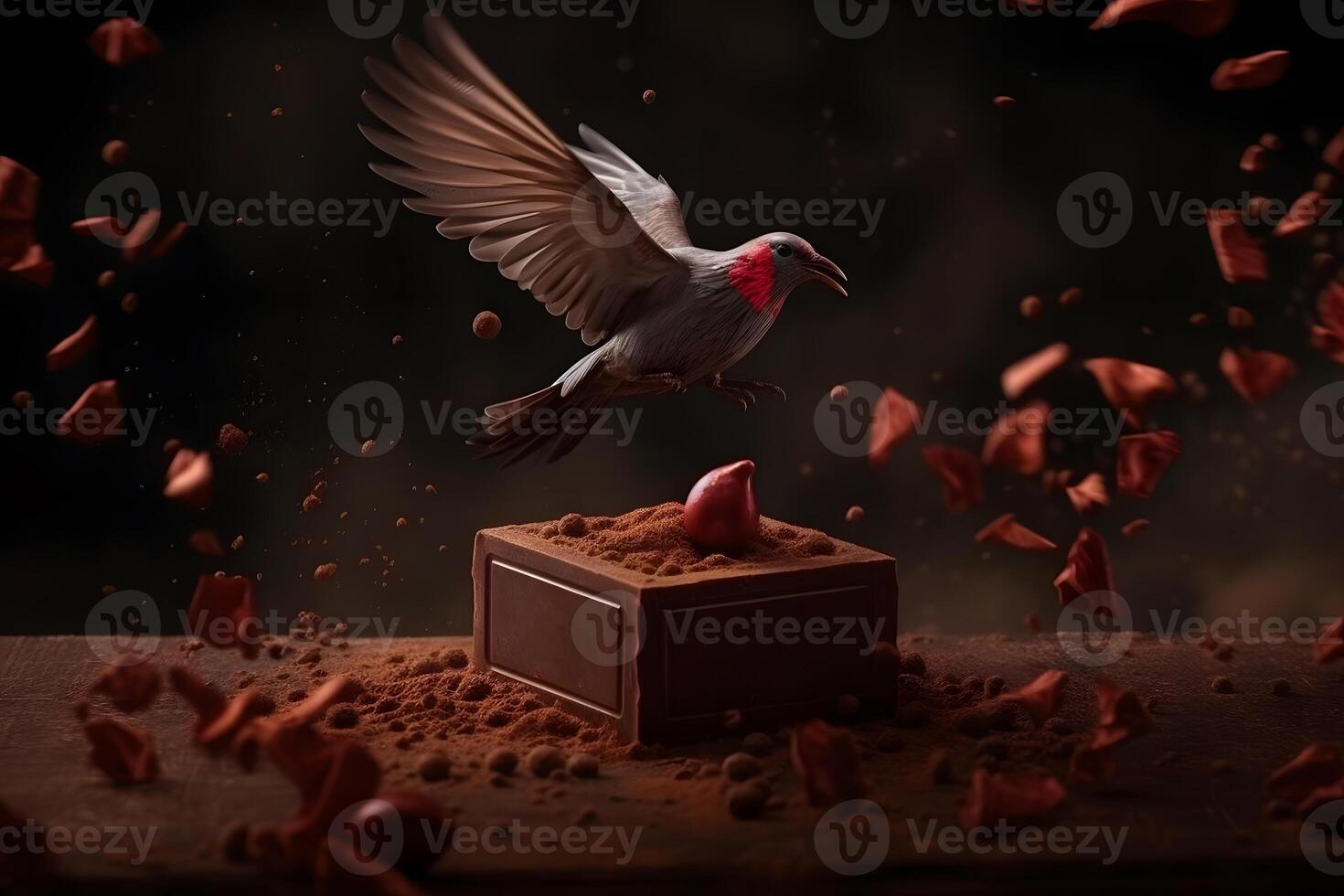 AI generated Bird and piece of dark chocolate on cocoa powder. Neural network AI generated photo