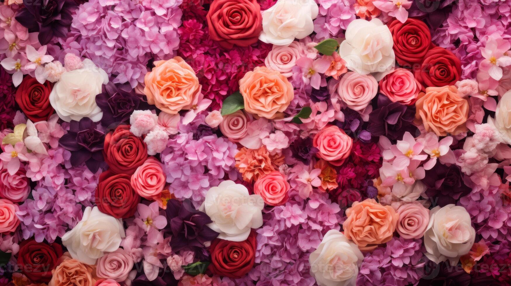 AI generated Background of many flowers. Neural network AI generated photo