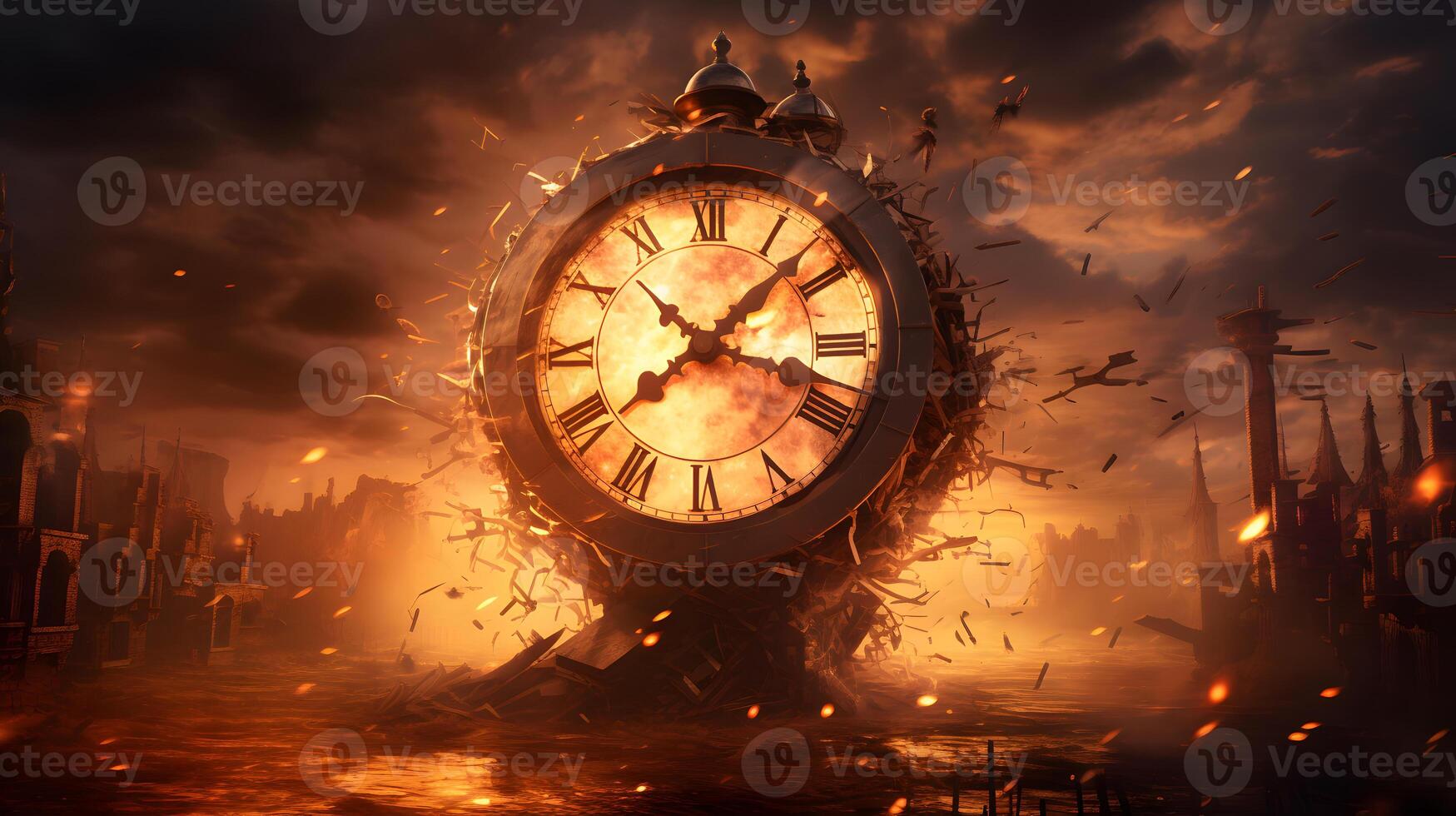 ai generado el reloj es en fuego. fecha límite concepto. neural red ai generado foto