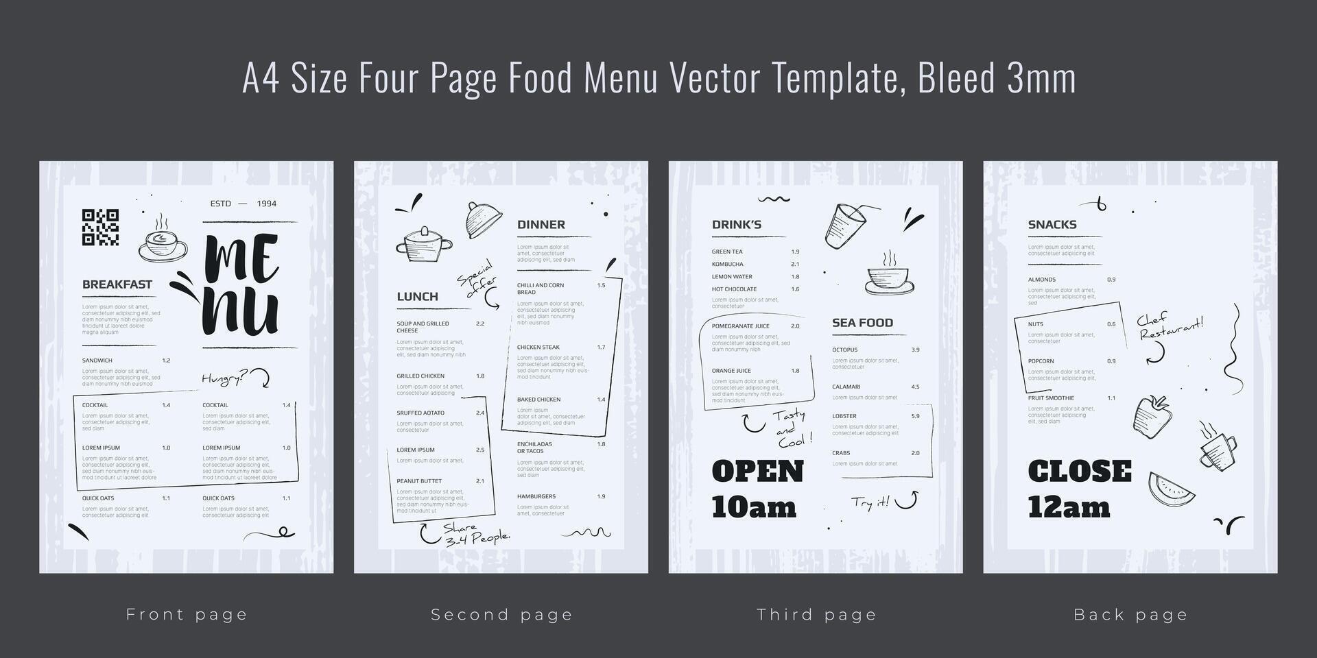 Restaurant cafe menu, template design, A4 size four page food menu template, Bleed 3mm vector