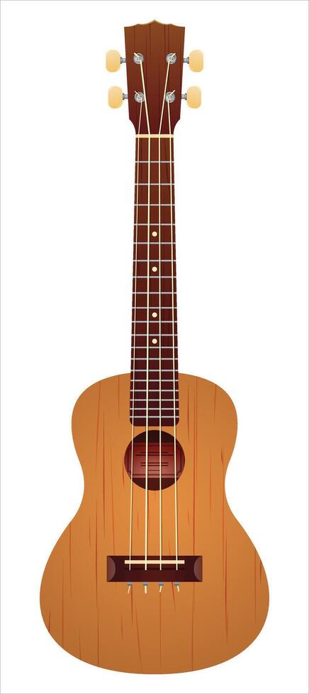Ukulele isolated on white background seen from the front. Small four-string guitar of Hawaiian origin. Wooden musical instrument. Cartoon style vector illustration