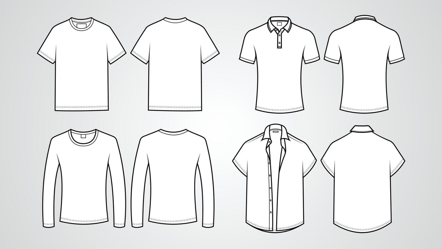 T-shirt mockups. Collection of technical models of t-shirts, long sleeves, polo collars and open shirts seen from the front and back. Isolated vector illustration