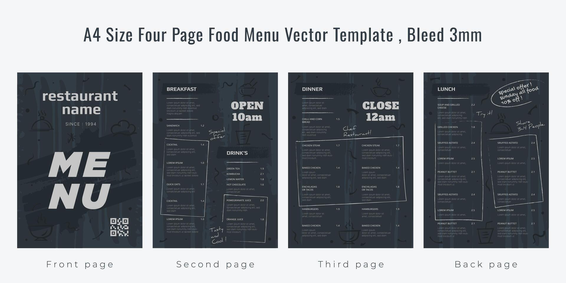 Restaurant cafe menu, template design, A4 size four page food menu template, Bleed 3mm vector