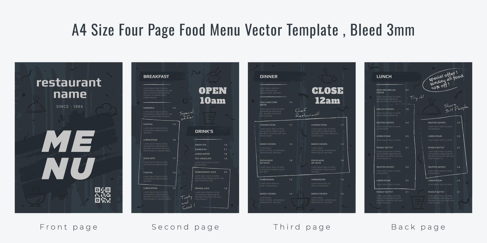 restaurante café menú, modelo diseño, a4 Talla cuatro página comida menú plantilla, sangrar 3 mm vector