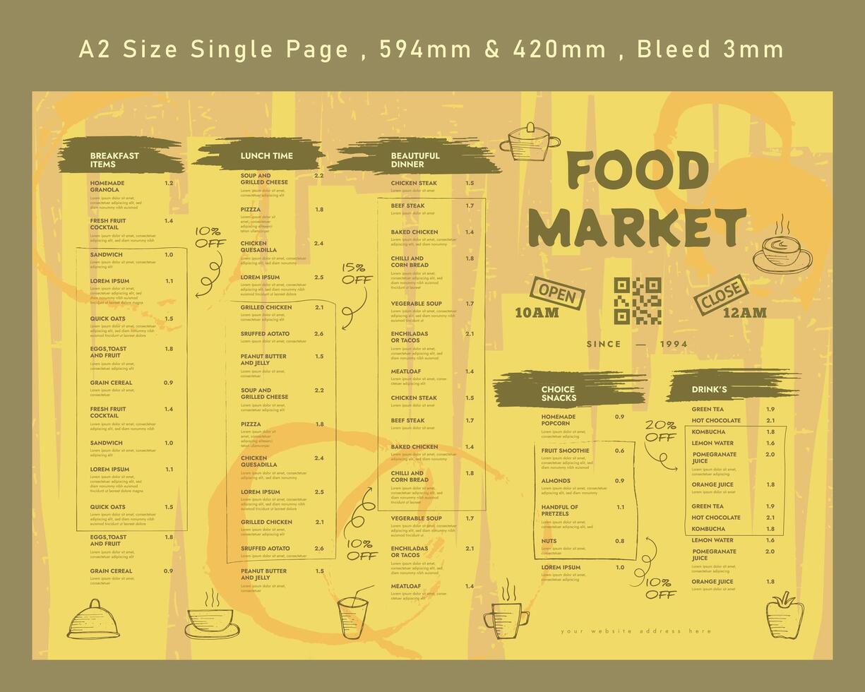Restaurant cafe menu, template design. Single page food menu template, A2 size single page. vector