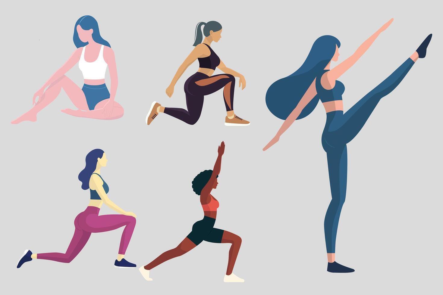 conjunto de mujer haciendo ejercicio y yoga ilustración vector