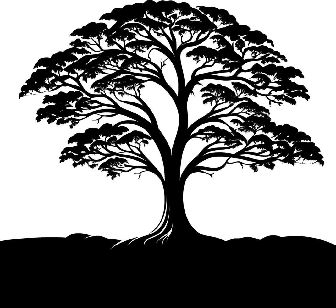 AI generated Silhouette of a Majestic Tree, Vector Art Style, Roots Gripping Tightly into the Earth