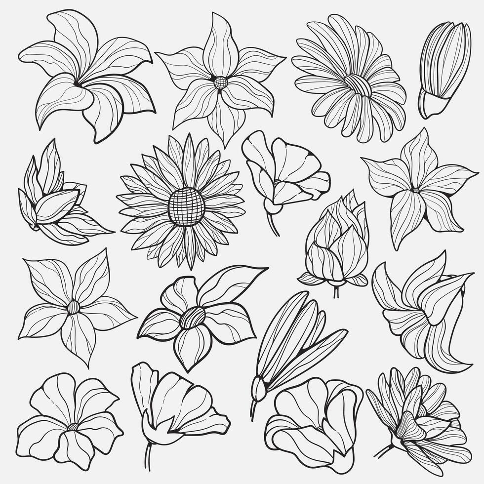 Minimalist hand-drawn botanical flower line art. Black flower vector graphics are ideal for pattern, invitations, date cards, wallpapers, save the date cards, and presentation backgrounds.