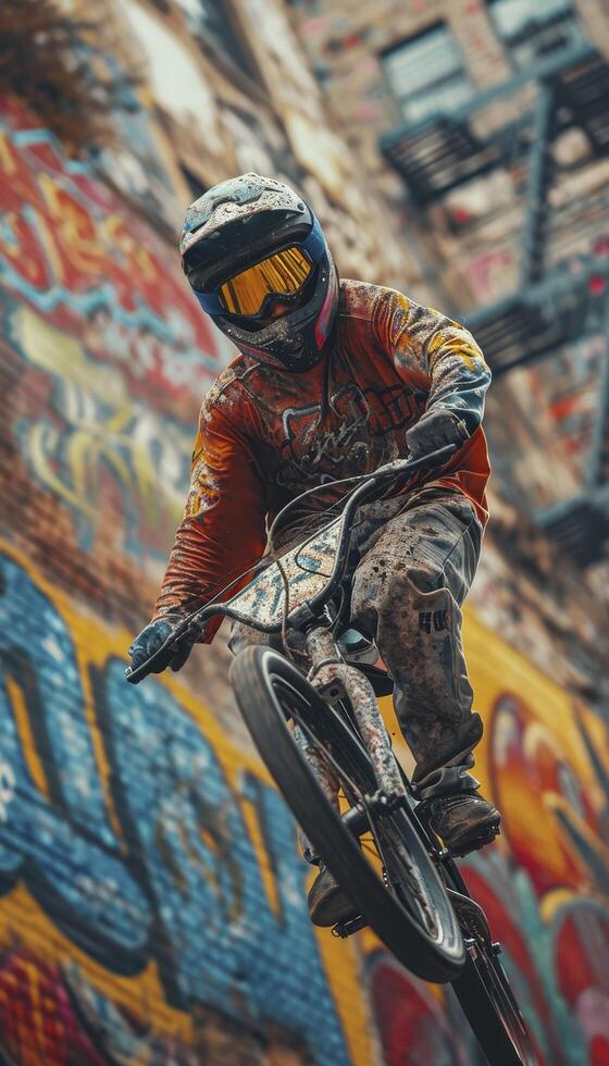 AI generated Cinematic Photoshoot Capturing the Exhilarating Aerial Feat of a Young Rider in Graffiti-Inspired Sportswear, Against a Vivid Urban Park Backdrop.  Advertising. photo