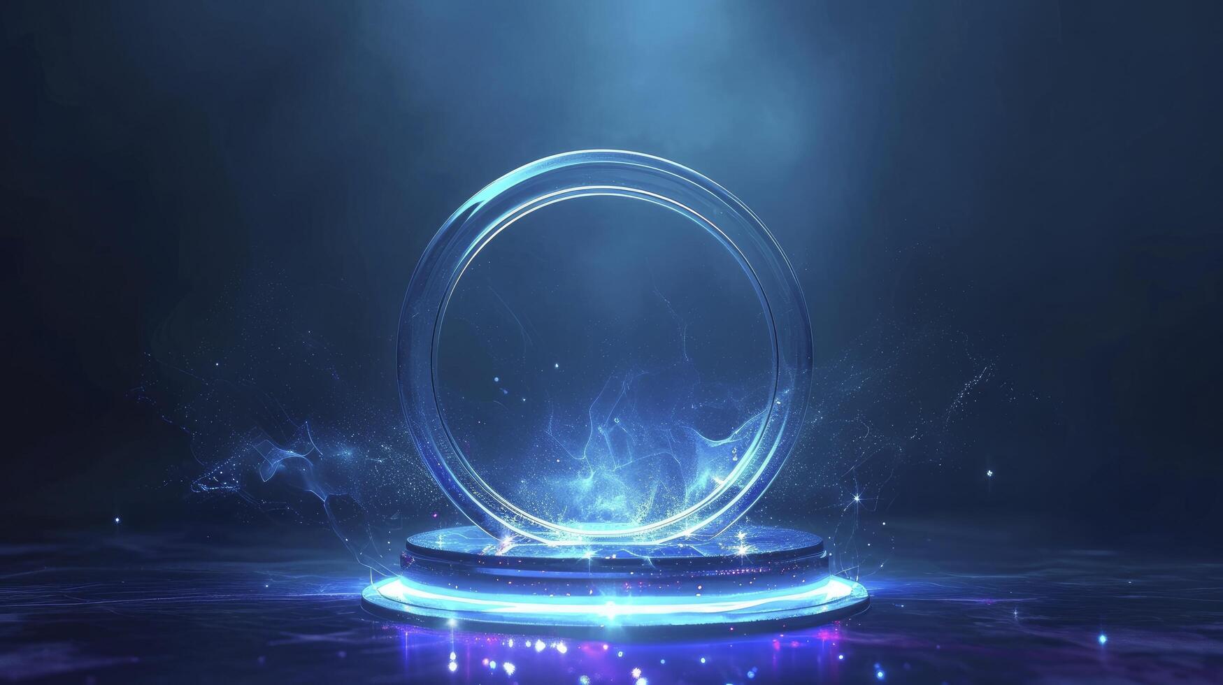 AI generated Magic fantasy portal. Magic circle teleport podium with hologram effect. Abstract high tech futuristic technology design. Round shape. Circle Sci fi element light and lights. photo