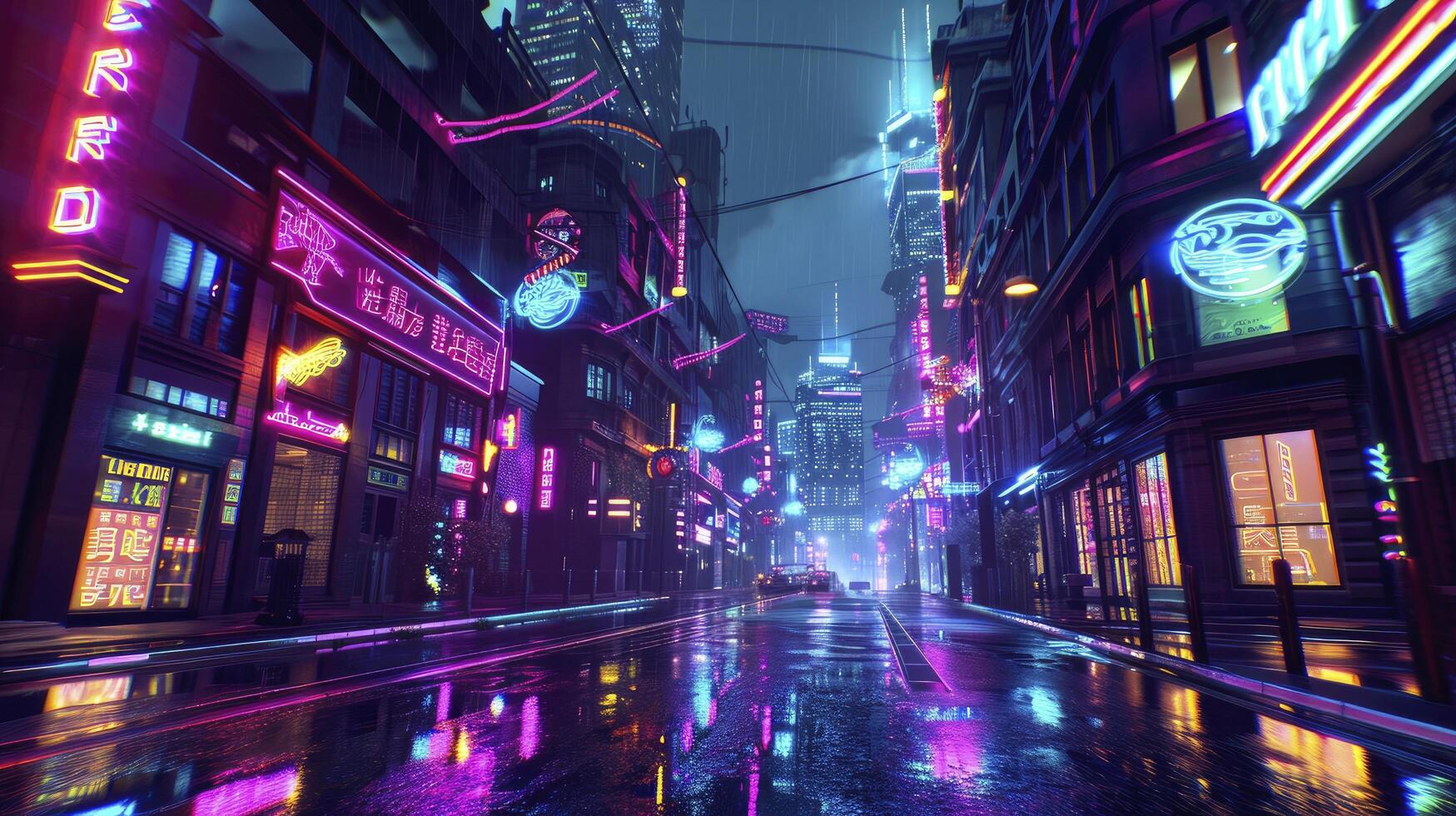 ai generado fotorrealista 3d ilustración de el futurista ciudad en el estilo de ciberpunk. vacío calle con neón luces. hermosa noche paisaje urbano foto