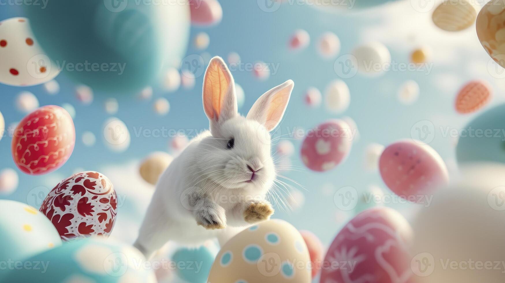 AI generated Close-Up Photo Capturing the Playful Motion of Flying Easter Eggs and a Rabbit, Infusing Joyful Energy into the Festive Pattern.