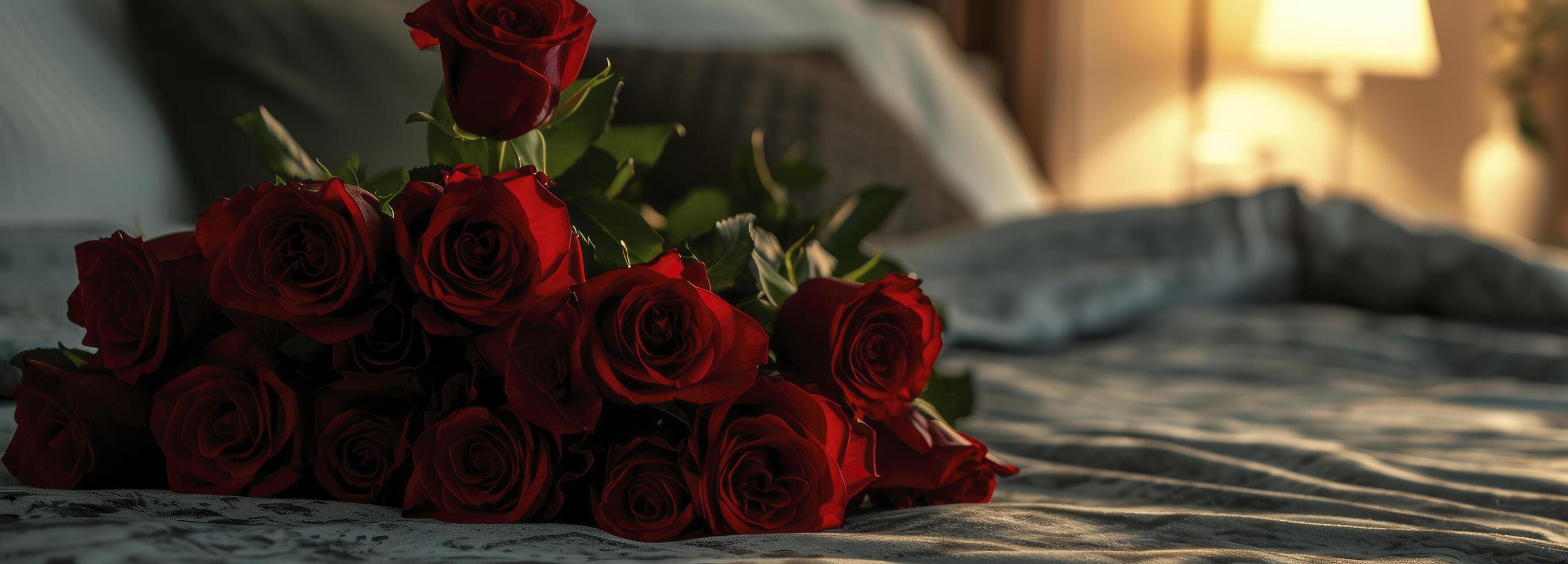 ai generado ramo de flores de rojo rosas en un dormitorio romance foto