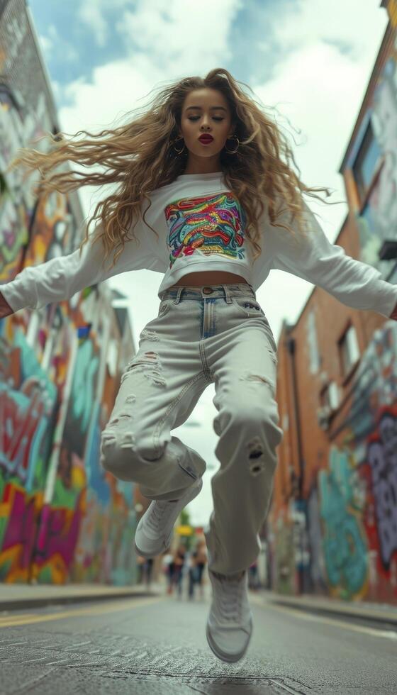 ai generado cinematográfico cuerpo completo Disparo de un dinámica joven bailarín, exhibiendo poderoso se mueve en un inspirado en el graffiti atuendo en contra vibrante calle Arte. calle danza y urbano estilo. foto