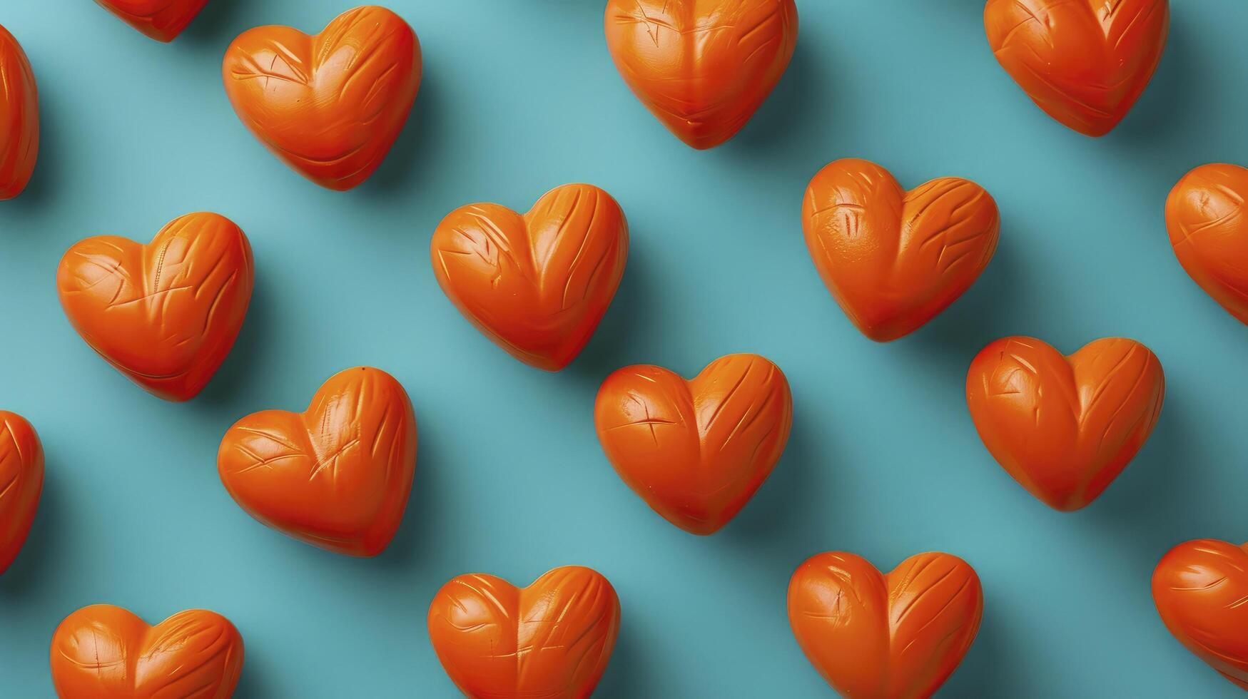 AI generated Repeating tile pattern of orange lOVE volumetric equally spaced hearts on a turquoise background photo