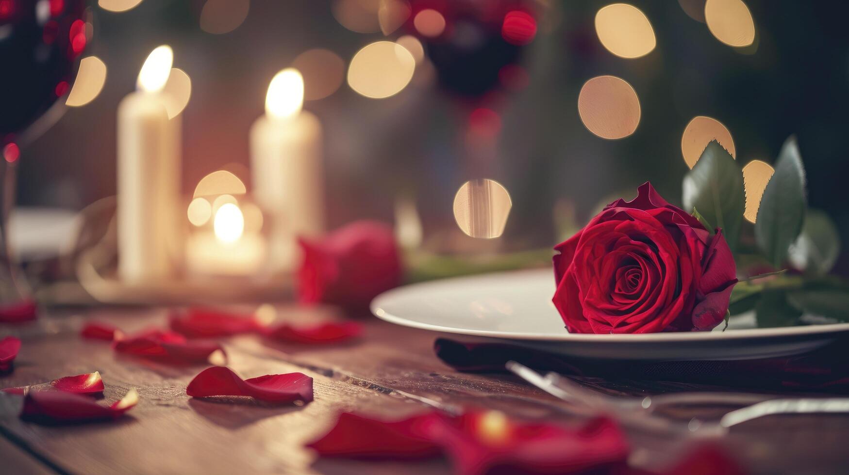 AI generated Romantic table setting for red roses and candlelight for Valentines dinner. photo