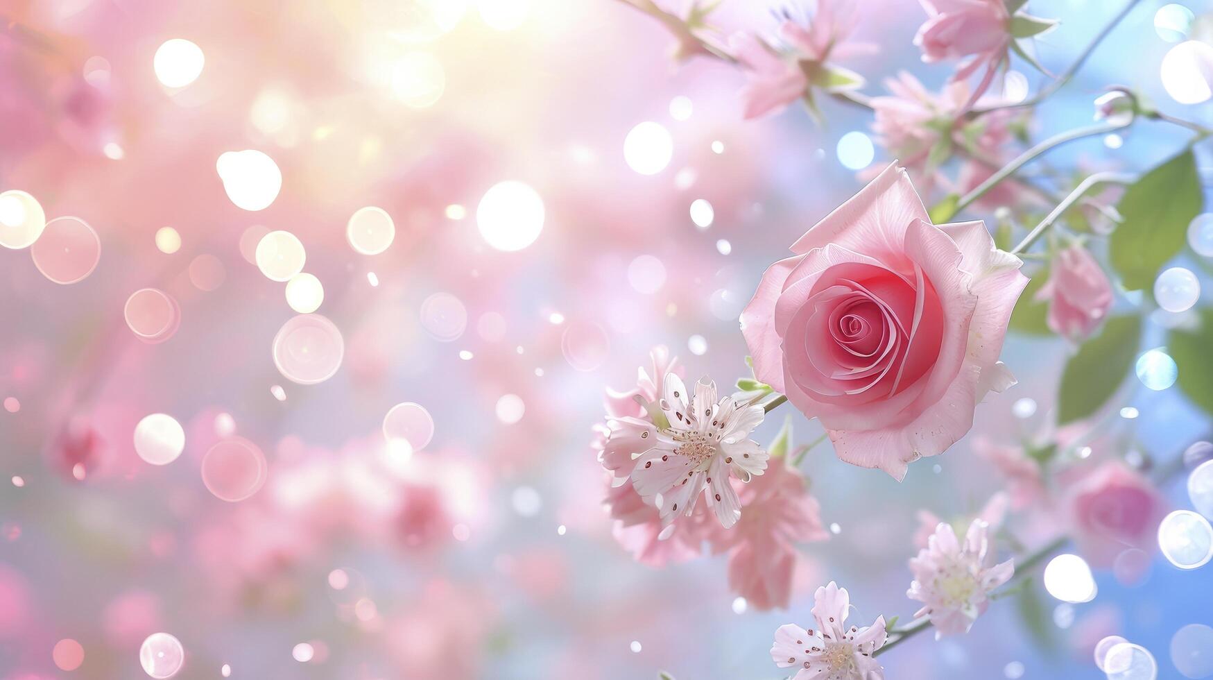 AI generated A Photo Capturing Cute Roses and Spring Flowers in a Playful Flight, Against a Pastel Bokeh Background, Conjuring a Symphony of Springtime Delight