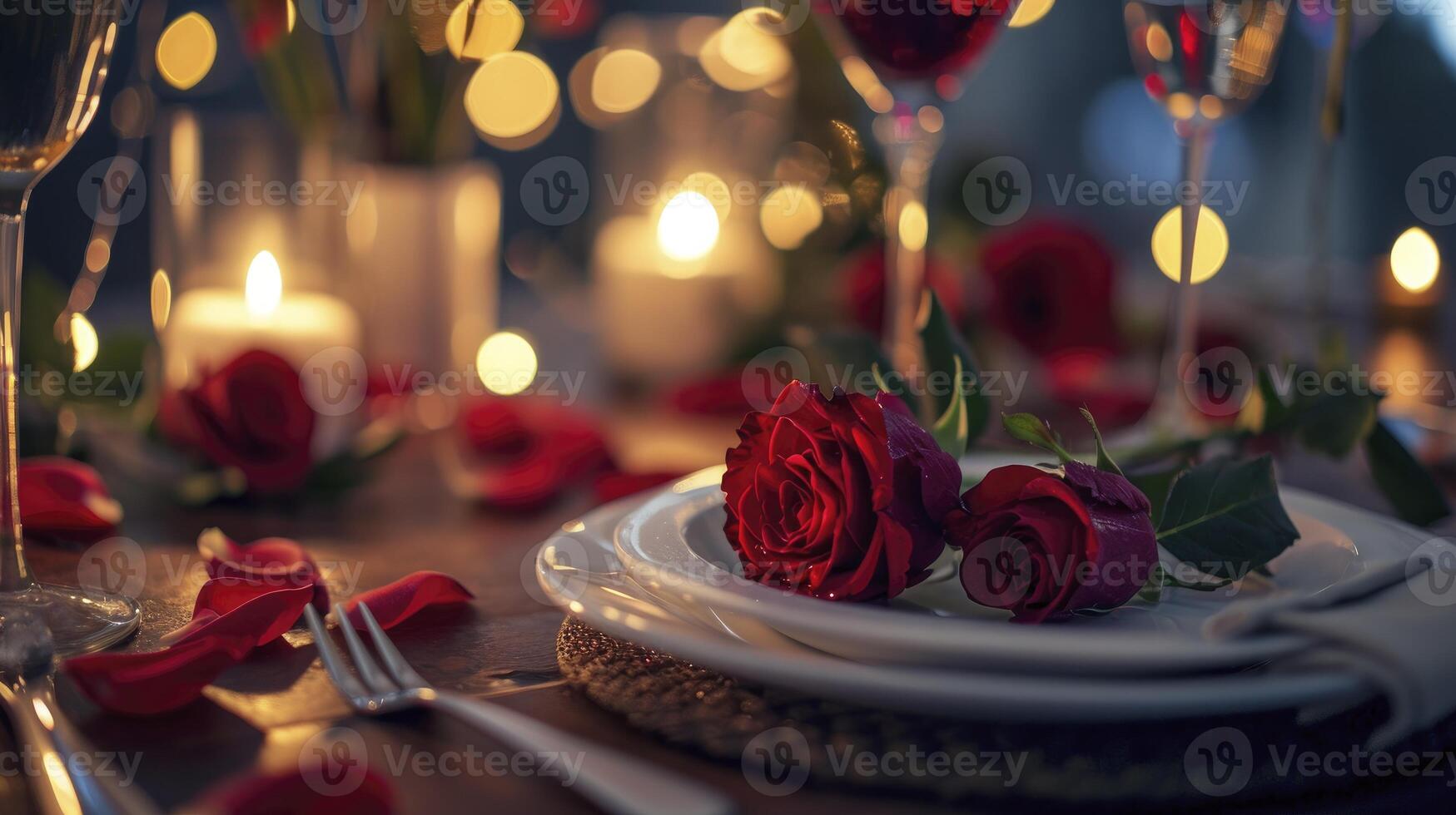 AI generated Romantic table setting for red roses and candlelight for Valentines dinner. photo