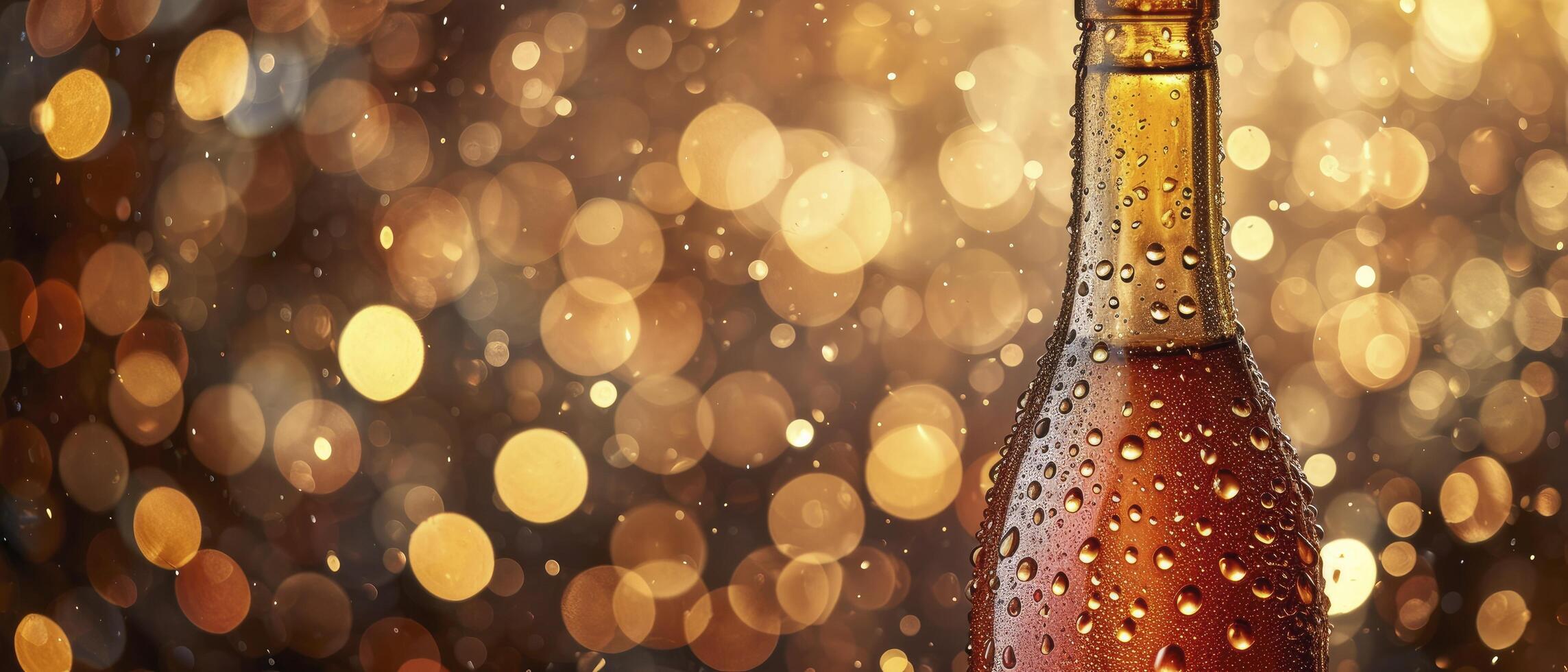 AI generated Close-Up of a Classic Bottle with Glistening Condensation, Amidst a Festive Celebration. Blurred Lights and Bokeh Effect Enhance the Atmosphere of Celebration. photo